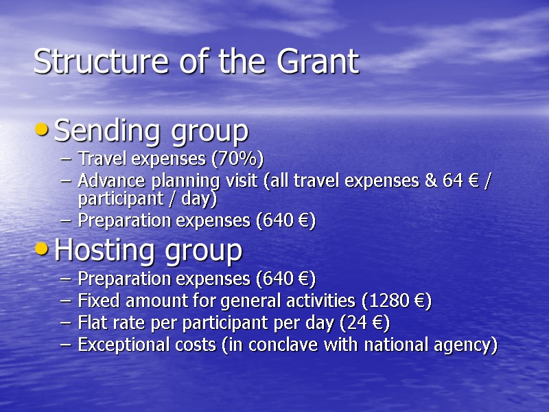 Structure of the Grant  Sending group Travel expenses (70%) Advance planning visit (all